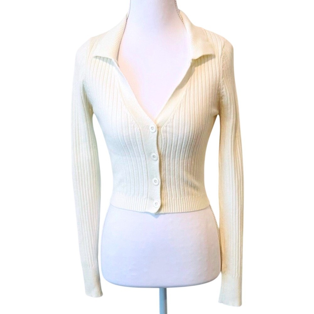 Cropped Cardigan Cream Ribbed Collared Sz Sm